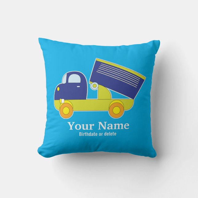Personalized Blue & Green Construction Dump Truck Throw Pillow (Front)
