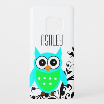 Personalized Blue Green Cute Owl Black Swirls Case-mate Samsung Galaxy S9 Case by iPhoneCaseGallery at Zazzle