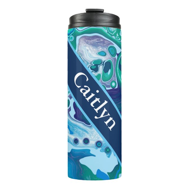 Personalized Blue Green Digital Marble Art Thermal Tumbler (Front)
