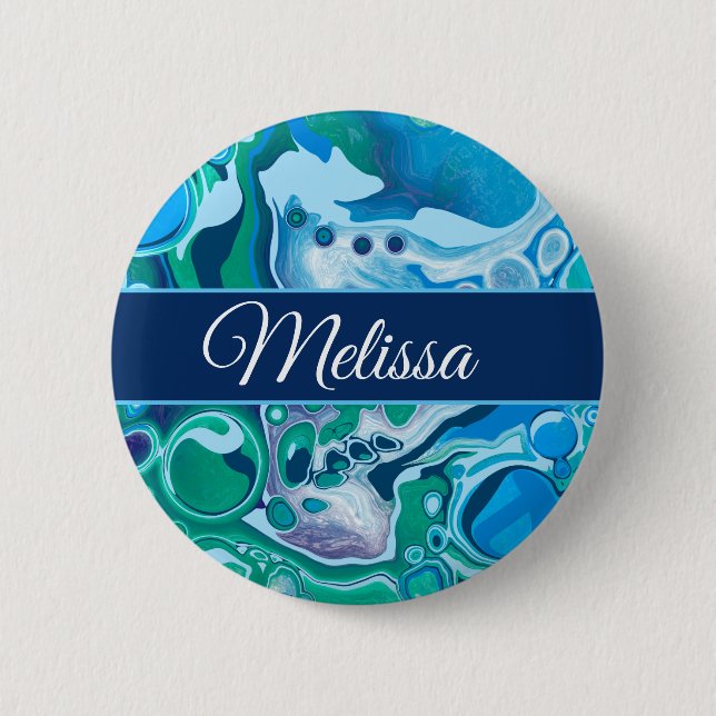 Personalized Blue Green Digital Marble Fluid Art   Button (Front)