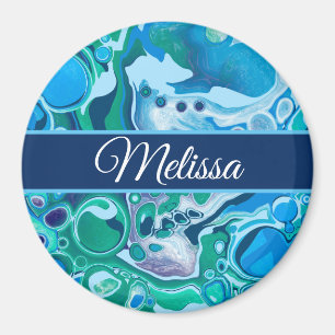Personalized Blue Green Digital Marble Fluid Art  Magnet