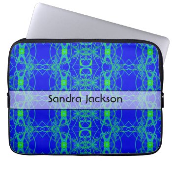 Personalized Blue Green Lace Like Abstract Pattern Laptop Sleeve by BrightVibesElectric at Zazzle