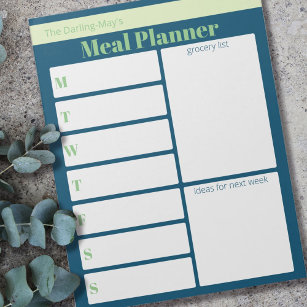 Personalized Blue Green Meal Planner Grocery List Notepad