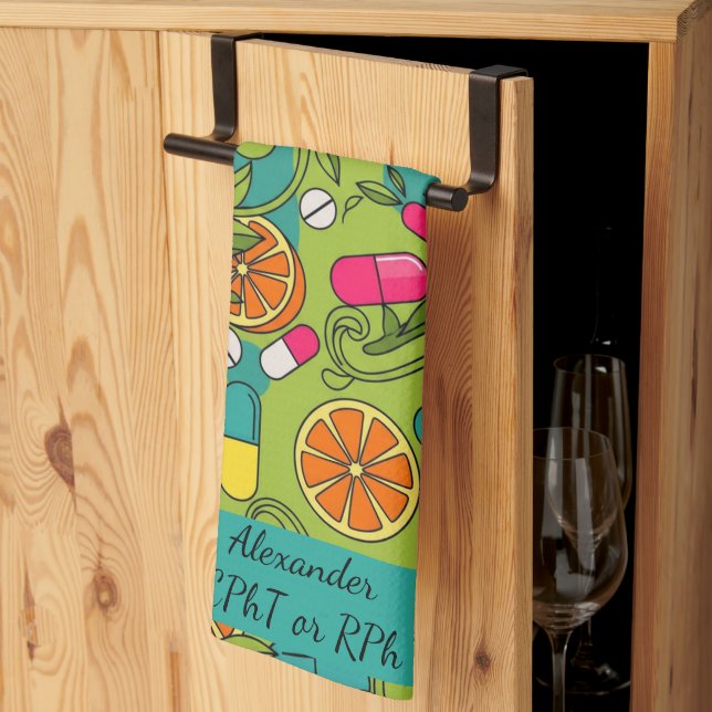 Personalized Blue & Green Orange Pharmacy Kitchen Towel (Thirds Fold)