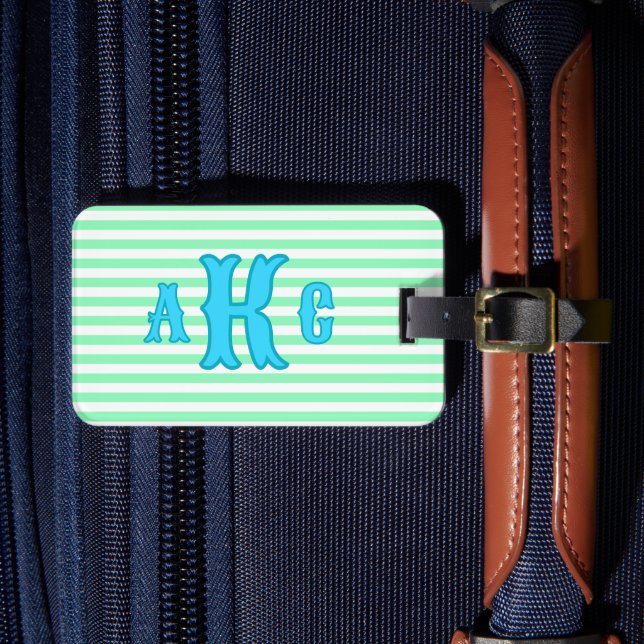 Personalized Blue Green Preppy Monogram Striped Luggage Tag (Front Insitu 4)