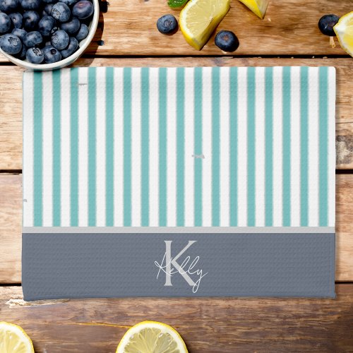 Personalized Blue Green Striped Kitchen Towels