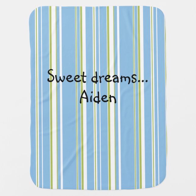Personalized Blue Green Striped Unisex Swaddle Blanket (Front)