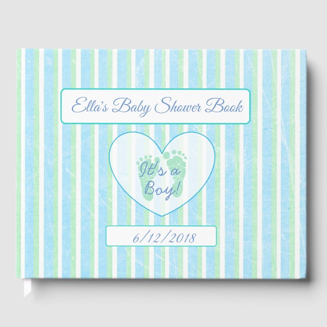 Personalized Blue & Green Stripes Baby Shower Book (Front)