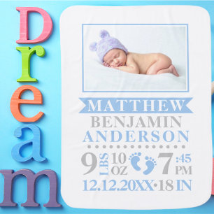 Personalized Blue Grey Baby Boy Birth Stats PHOTO Blanket
