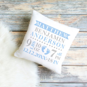 Personalized Blue Grey Birth Stat BABY Boy Nursery Throw Pillow