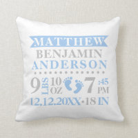 Personalized Blue Grey Birth Stat BABY Boy Nursery Throw Pillow