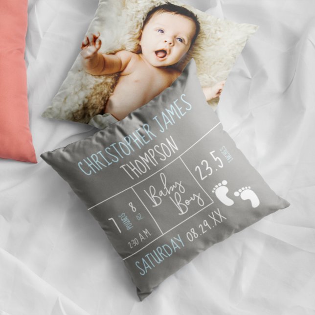 Personalized Blue Grey Birth Stat Baby Boy Photo Throw Pillow (Baby boy birth stat personalized photo pillow.)