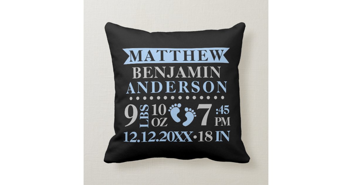 Personalized Blue Grey Black BABY Boy Nursery Throw Pillow