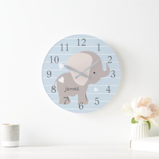 Personalized Blue Grey Elephant Nursery Wall Clock | Zazzle