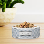 Personalized Blue & Grey Farmhouse Style Plaid Pet Bowl<br><div class="desc">For the most stylish pets,  this cute personalized bowl for dogs or cats features a hand drawn buffalo check plaid background in soft pastel blue,  with dark gray striped accents. Personalize with your pet's name.</div>