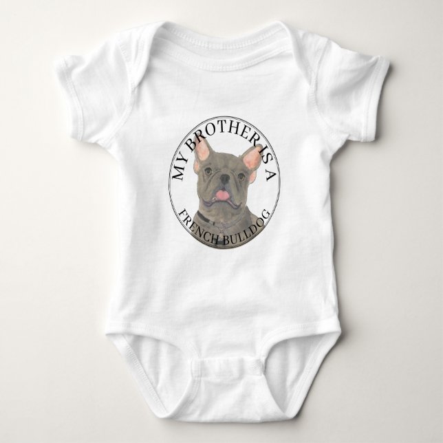 Personalized Blue Grey French Bulldog Baby Bodysuit (Front)
