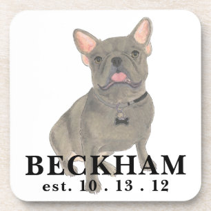 Personalized Blue Grey Frenchie French Bulldog Beverage Coaster