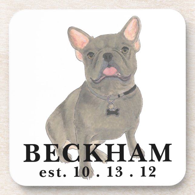 Personalized Blue Grey Frenchie French Bulldog Beverage Coaster (Front)