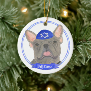 Personalized Blue Grey Frenchie Hanukkah Ceramic Ornament