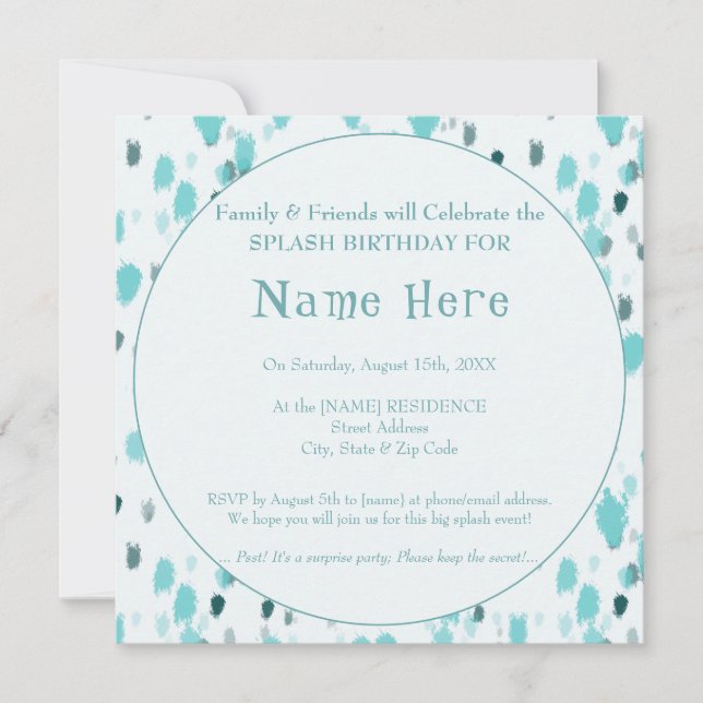 Personalized Blue & Grey Fun Big Splash Birthday   Invitation (Front)