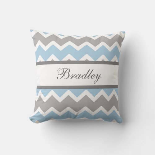 Personalized Blue Grey Gray Chevron Baby Boy Throw Pillow