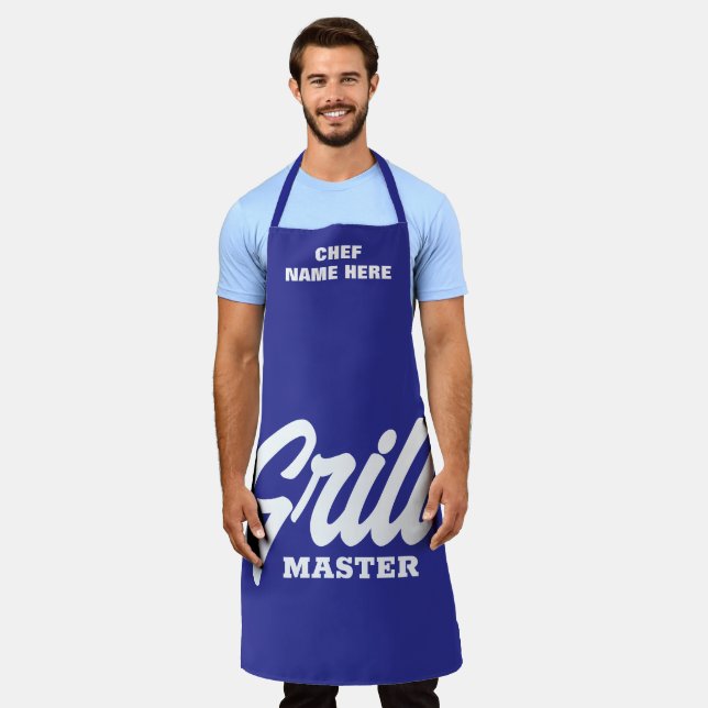 Personalized blue Grill Master BBQ apron for men (Worn)