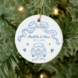 Personalized Blue Hand Drawn Whimsical Bow Wedding Ceramic Ornament