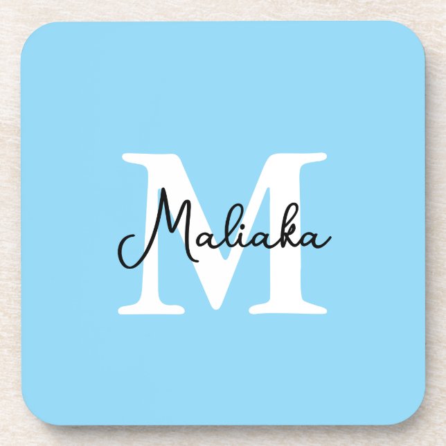 Personalized Blue Handwritten Monogram Branding  Beverage Coaster (Front)