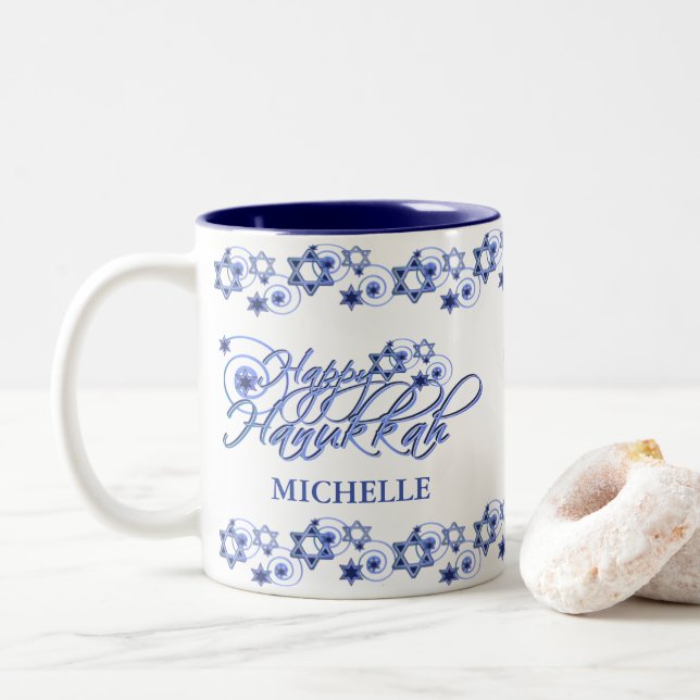 Personalized Blue Happy Hanukkah Star Swirls Two-Tone Coffee Mug (With Donut)