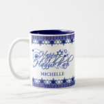 Personalized Blue Happy Hanukkah Star Two-Tone Coffee Mug<br><div class="desc">Celebrate this holiday with this personalized Happy Hanukkah mug in light and dark blue. This mug features striped and Star of David border,  text image "Happy Hanukkah",  your name and blue menorah on the side. Makes a great gift for the holidays! Easy to personalize with custom options.</div>