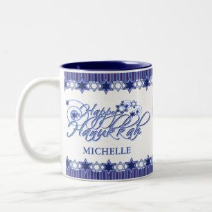 Personalized Blue Happy Hanukkah Star Two-Tone Coffee Mug