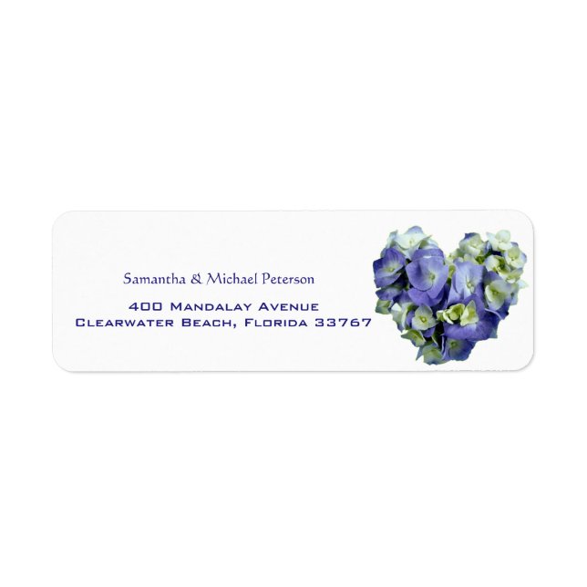 Personalized Blue Heart-shaped Hydrangea Wedding Label (Front)