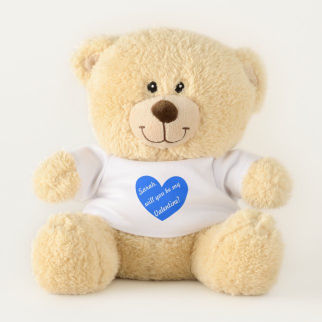 Personalized blue heart Valentine Teddy Bear (Front)