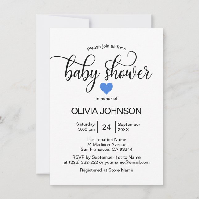 Personalized Blue Heart White Boy Baby Shower Invitation (Front)