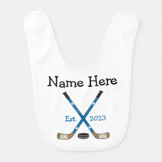 Personalized Blue Hockey Baby Name Birth Year Born Baby Bib