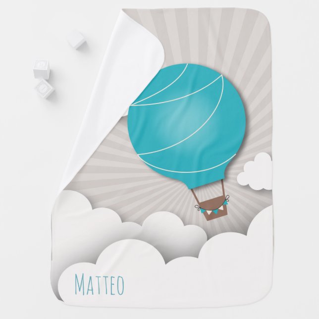 Personalized Blue Hot Air Balloon Baby Blanket (In Situ)