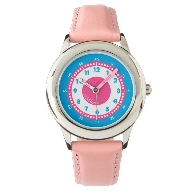 Personalized Blue & Hot Pink Girls Educational Watch (Front)