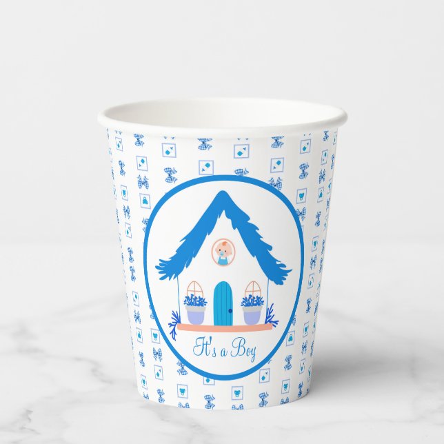 Personalized Blue House It's a boy Baby shower Paper Cups (Back)