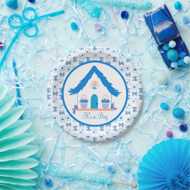 Personalized Blue House It's a Boy Baby Shower Paper Plates (Party)