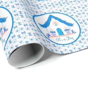 Personalized Blue House It's a boy Baby shower Wrapping Paper