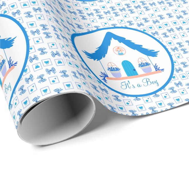 Personalized Blue House It's a boy Baby shower Wrapping Paper (Roll Corner)