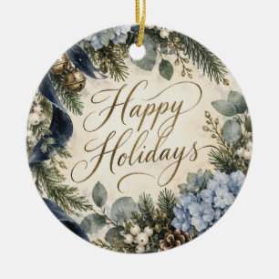Personalized Blue Hydrangea Botanical Christmas Ceramic Ornament