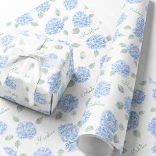 Personalized Blue Hydrangea Bridal Shower Gift Wrapping Paper