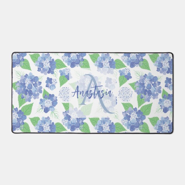 Personalized Blue Hydrangea Floral Desk Mat (Front)
