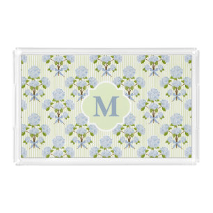 Personalized Blue Hydrangea Green Stripe Monogram Acrylic Tray