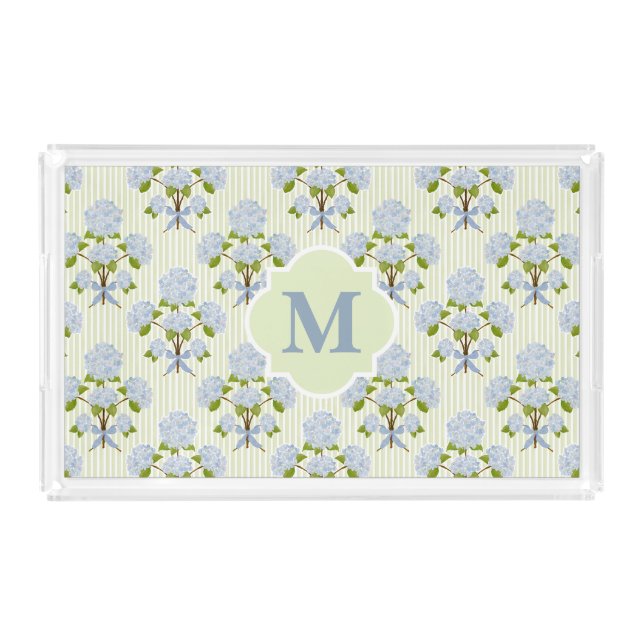Personalized Blue Hydrangea Green Stripe Monogram  Acrylic Tray (Front)