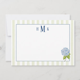 Personalized Blue Hydrangea Green Stripe Monogram Note Card