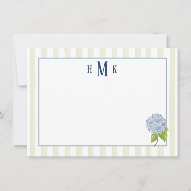Personalized Blue Hydrangea Green Stripe Monogram  Note Card (Front)