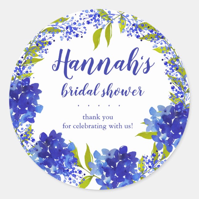 Personalized Blue Hydrangea Thank You Bridal Showe Classic Round Sticker (Front)
