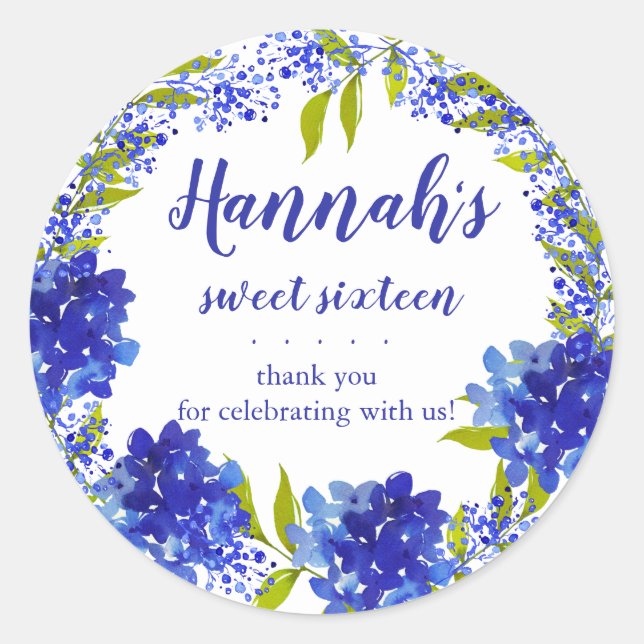 Personalized Blue Hydrangea Thank You Sweet Sixtee Classic Round Sticker (Front)